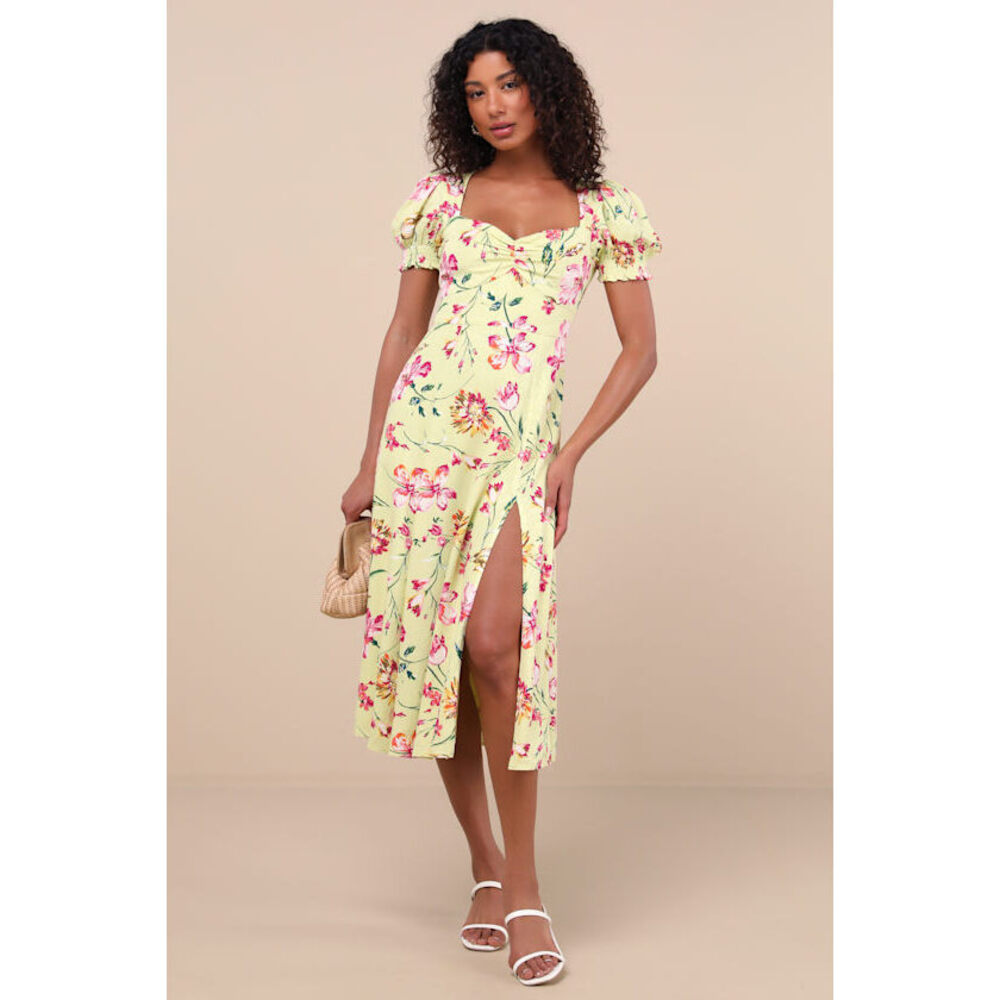 Lulus Parisian Picnic Green Floral Jacquard Puff Sleeve Midi Dress - Size XXL